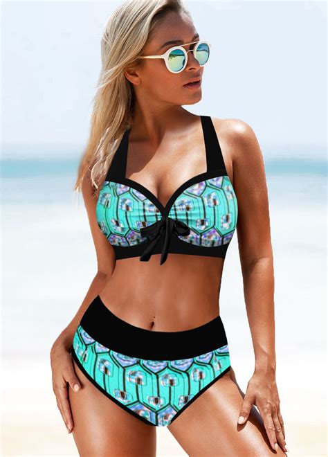 Rotita Geometric Print Wide Strap Cyan Bikini Set Rotita Usd