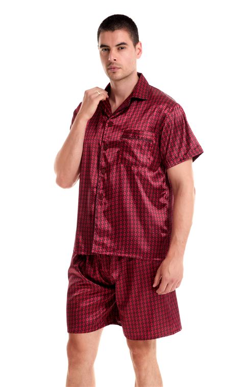 Mens Silk Satin Pajama Set Short Sleeve Burgundy With Black Diamonds