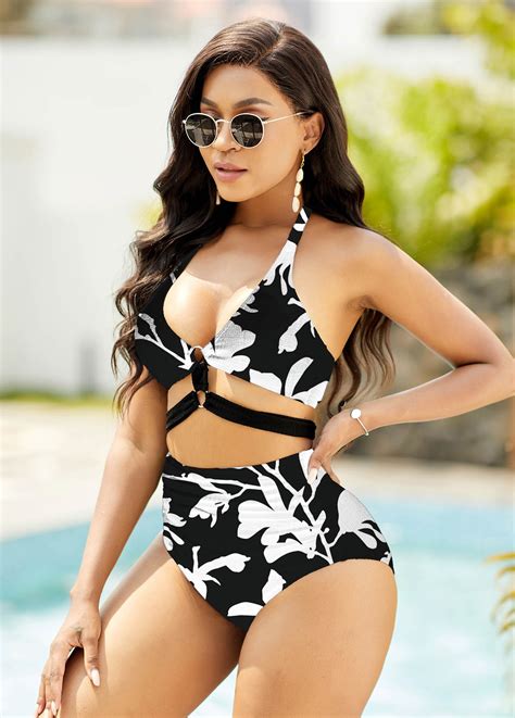 High Waisted Floral Print Halter Bikini Set Rosewe Usd