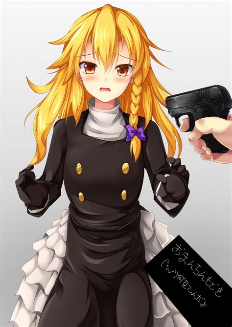 Safebooru 1girl 1other At Gunpoint Bangs Black Coat Black Gloves