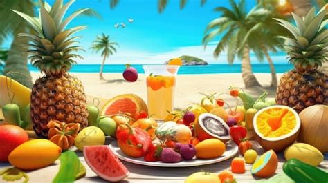 Fondo de playa tropical con palmeras y frutas exóticas Foto Premium