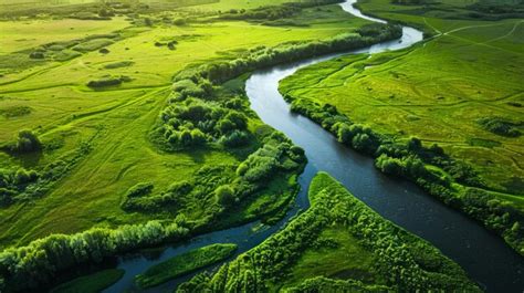 Premium Photo Aerial View Of A Winding River Through Lush Green Meadows