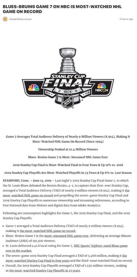 BLUES BRUINS GAME 7 ON NBC IS MOST WATCHED NHL GAME ON RECORD Game 7