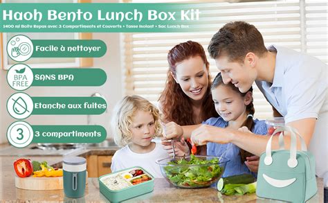 Haoh Bento Lunch Box Kit 1400 Ml Boite Repas Avec 3 Compartiments Et