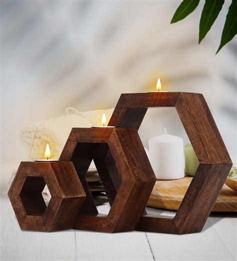 Buy Brown Wood Hexagon Table Tea Light Holder Set Of 3 at 29% OFF by House of Sajja | Pepperfry