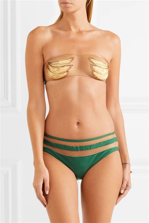 Adriana Degreas Banana Mesh Trimmed Printed Bandeau Bikini Swimsuit