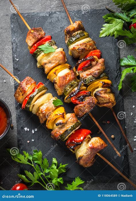 Grilled Shish Kebab With Vegetables On Black Stock Image Image Of