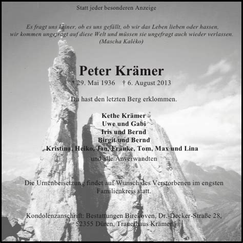 Traueranzeigen von Peter Krämer Aachen gedenkt