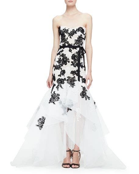 Monique Lhuillier Strapless Embroidered Lace Gown