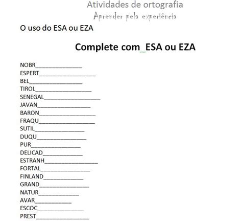 Atividade De Ortografia Esa E Eza