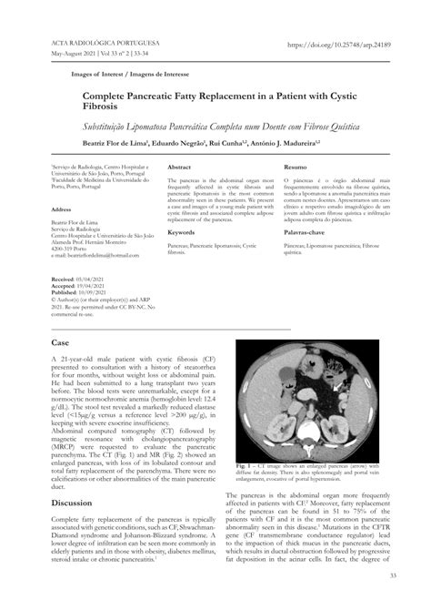 PDF Complete Pancreatic Fatty Replacement In A Patient With Cystic