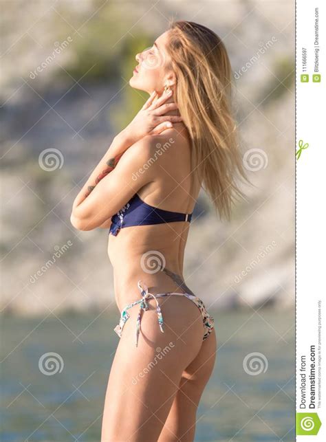 Sexy Frau Im Bikini Auf Seehintergrund Stockbild Bild Von Meer Sch N