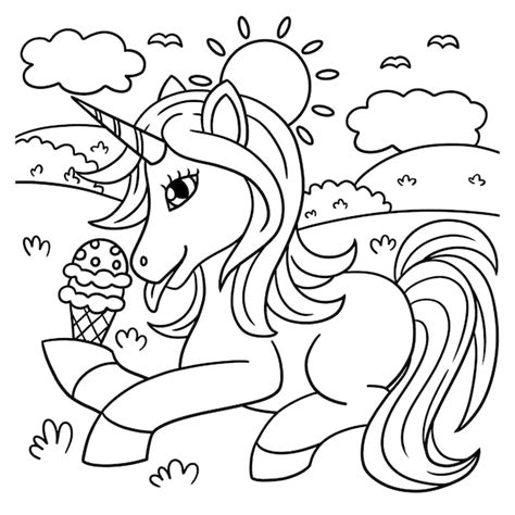 Unicornio comiendo helado página para colorear para niños | Vector Premium