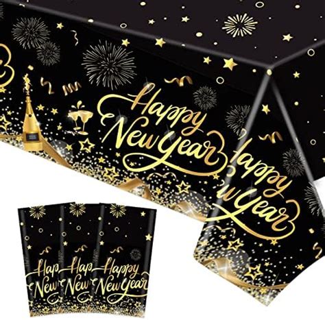 DPKOW 3 Pieces Happy New Year Table Cloth Plastic Disposable Black And