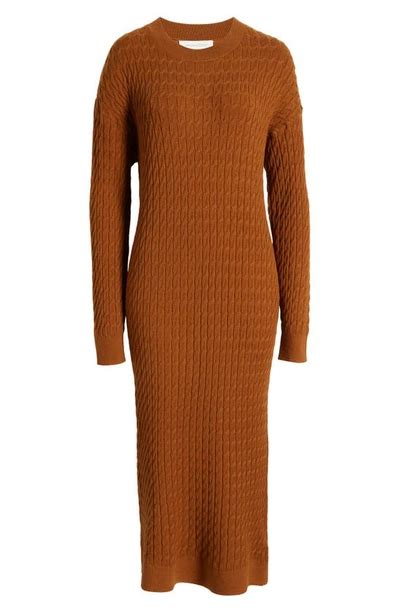 Treasure And Bond Cable Stitch Long Sleeve Midi Sweater Dress In Brown