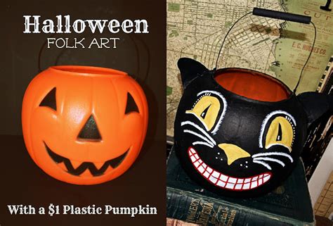 Vintage Style Folk Art Black Cat Halloween Bucket Made From A