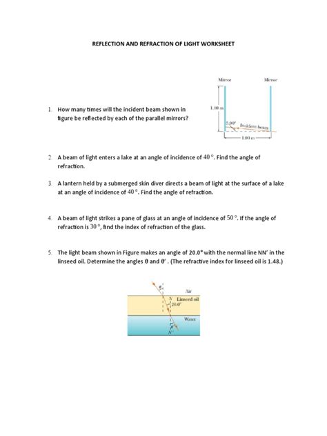 Relection and Refraction of Light Worksheet | PDF