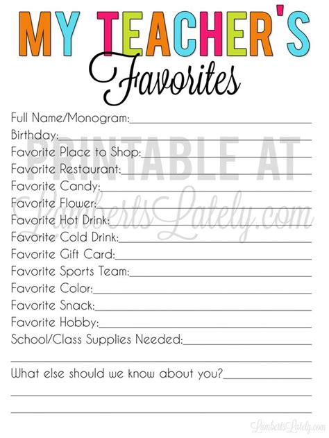 Free Teacher Favorite Things Form Editable Printable Teacher