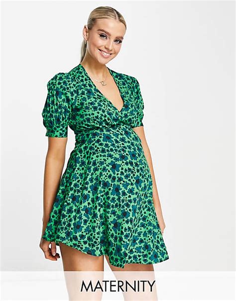 Wednesdays Girl Maternity Floral Print V Neck Puff Sleeve Mini Dress