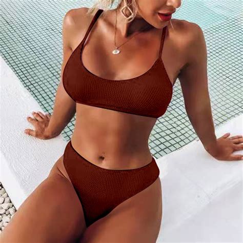 Lilgiuy Women S Charming High Breast Contrast Solid Split Bikini Set