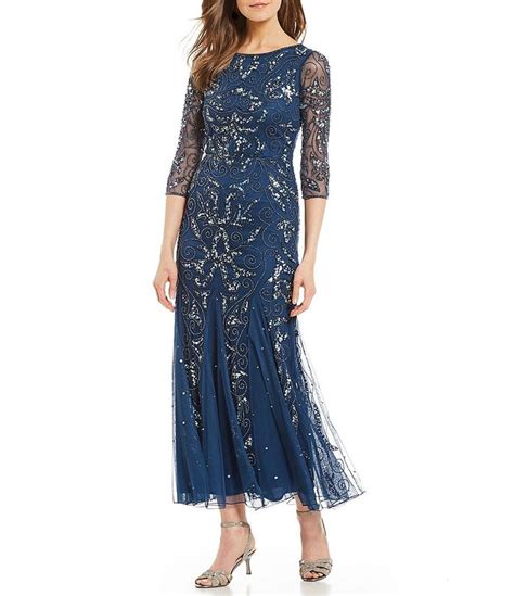 Pisarro Nights Beaded Sequin Boat Neck Illusion 3 4 Sleeve Gown