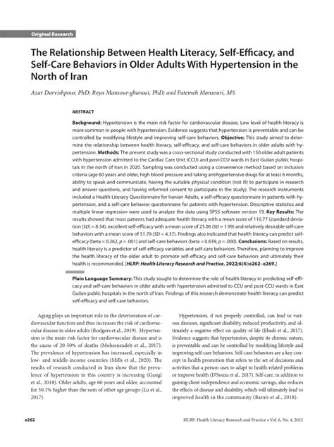 Pdf The Relationship Between Health Literacy Self Efficacy And Self Care Behaviors In Older