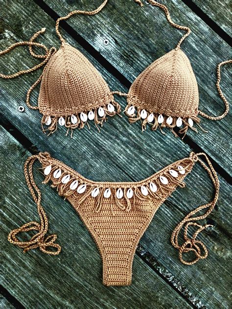 Häkeln Bikini Set Tan Brown Bikini mit Cowrie Sea Shells Etsy