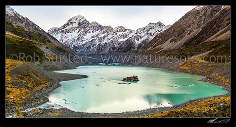 Aoraki Mount Cook 3754m Above Hooker Glacier And Hooker Lake With