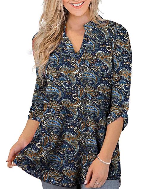 Plus Size Tops For Women 3 4 Roll Sleeve Floral Tunic Shirt Casual V