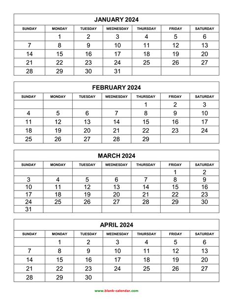 4 Month Printable Calendar 2024 Printable Calendar 2024