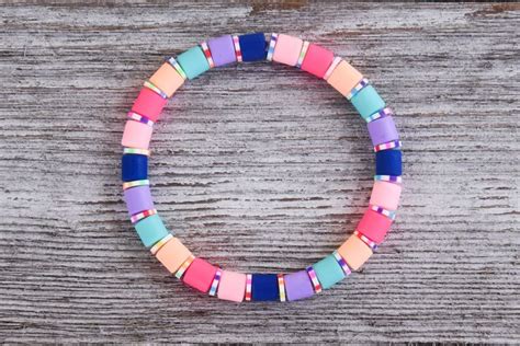 Colorful Rainbow Heishi Barrel Beaded Stretch Bracelet Etsy Canada