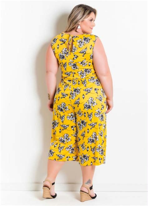 Macac O Pantacourt Estampado Plus Size Floral Amarelo Elo