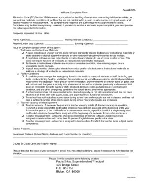 Fillable Online Williams Complaint Formparent Resources Fax Email Print