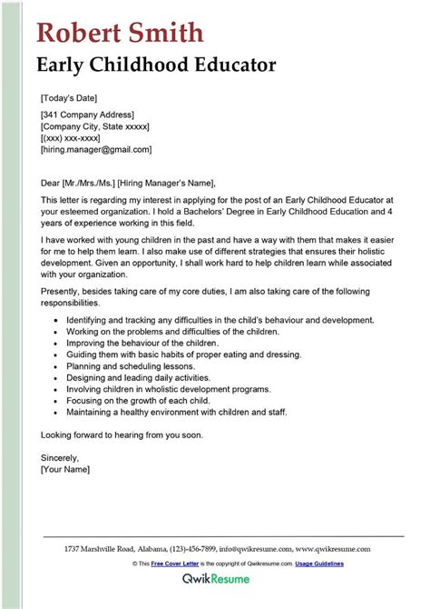 Cover Letter For Early Childhood Education Position Lorishields