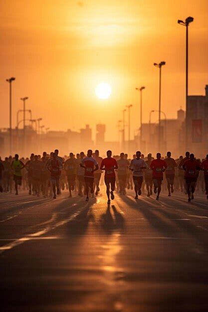 Premium Photo A Group Of People Running Down A Street At Sunset