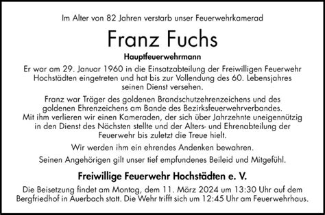 Traueranzeigen Von Franz Fuchs Trauerportal Ihrer Tageszeitung