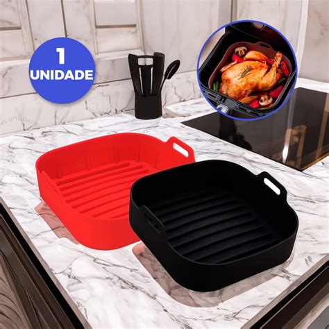 Forma De Silicone Air Fryer Assadeira Fritadeira Quadrada Antiaderente Vermelho Preto Shopee