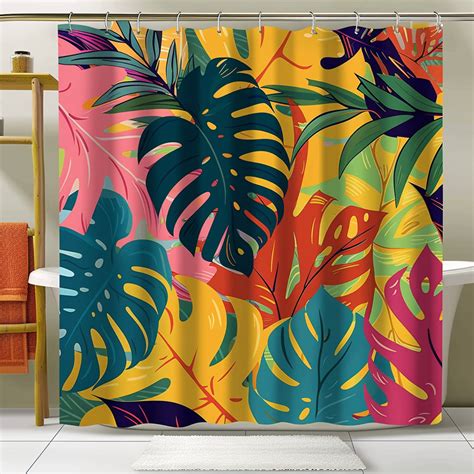 Vibrant Tropical Leaves Shower Curtain Abstract Design Bathroom Decor