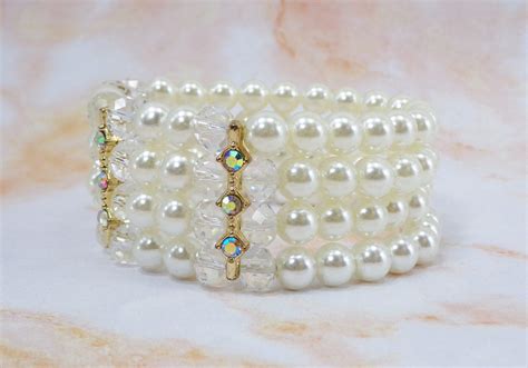 PEARL MULTI ROW BRACELET WITH GLASS BEADS AND CRYSTALS - Calisa Designs