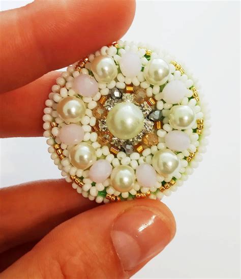 Beaded Embroidered Brooch White Pink Seed Bead Brooch Handmade Beaded