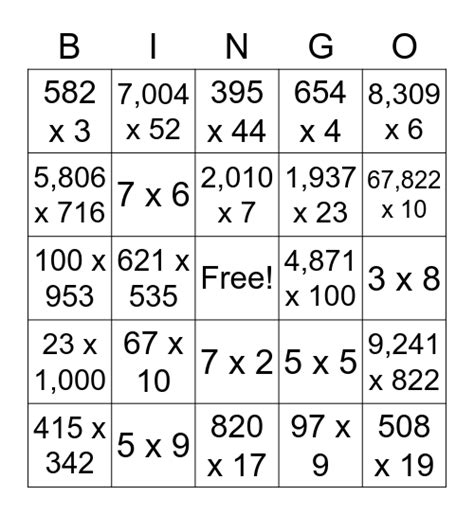 Multiplication Bingo Bingo Card