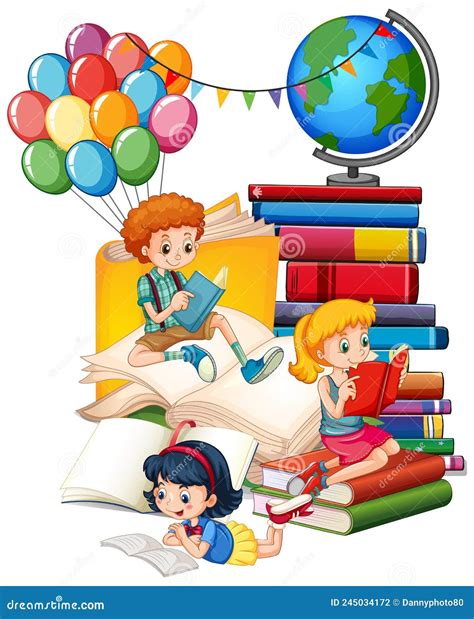 Trois Enfants Lisent Des Livres Sur Une Pile De Livres Illustration De Vecteur Illustration Du