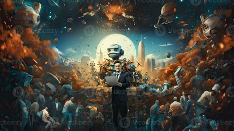 Fantasy landscape with a man in a suit with a robot. Concept of ...