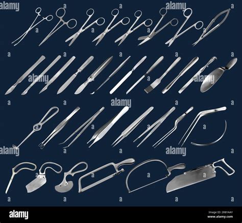 Set Of Surgical Instruments Tweezers Scalpels Saws Amputation