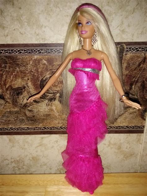 Barbie Doll Long Blonde Hair Pink Streak In Beautiful Formal Prom Dress