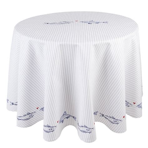 Ssf Nappe Cm Blanc Bleu Coton Poissons Rond Nappes De Table