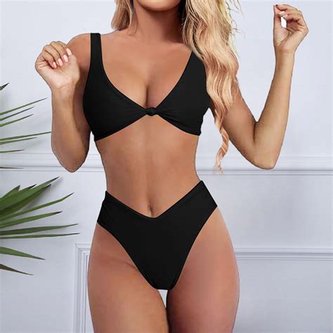 Chnzic Bikini Set For Women Solid V Neck Knot Front Push Up High Leg