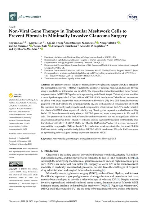 Pdf Non Viral Gene Therapy In Trabecular Meshwork Cells To Prevent