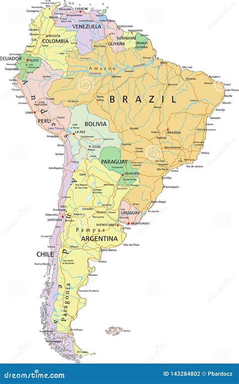 South America Highly Detailed Editable Political Map Stock Vector