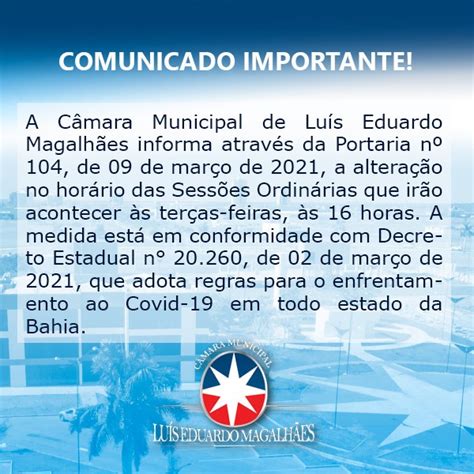 Cmlem C Mara Municipal De Lu S Eduardo Magalh Es Comunicado Importante